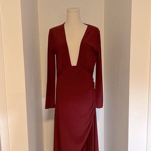 NBD Deep Wine Red Backless Plunge Long Sleeve Dress